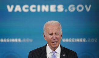 President Joe Biden talks about the newly approved COVID-19 vaccine for children ages 5-11 from the South Court Auditorium on the White House complex in Washington, Wednesday, Nov. 3, 2021. (AP Photo/Susan Walsh)