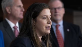 Republican conference chair Rep. Elise Stefanik, R-N.Y., speaks with reporters during a news conference on Capitol Hill, Wednesday, Nov. 3, 2021, in Washington. (AP Photo/Alex Brandon) **FILE**