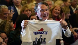 Virginia Gov.-elect Glenn Youngkin greets supporters at an election night party in Chantilly, Va., early Wednesday, Nov. 3, 2021, after he defeated Democrat Terry McAuliffe. (AP Photo/Andrew Harnik)