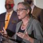 Rep. Carolyn Bourdeaux speaks during a news conference in downtown Atlanta on May 21, 2021. (Alyssa Pointer/Atlanta Journal-Constitution via AP, File)
