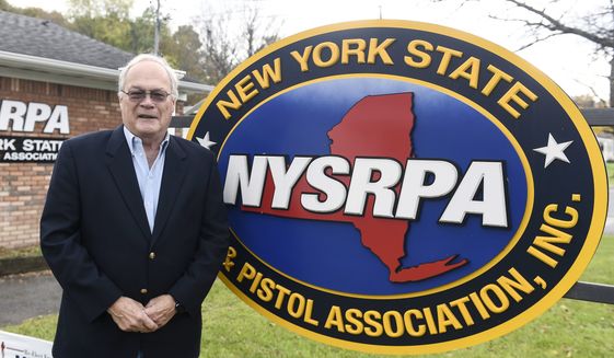 New York State Rifle &amp; Pistol Association President Tom King poses for a photo Oct. 28, 2021, in East Greenbush, N.Y. The Supreme Court is set to hear arguments Wednesday, Nov. 3, in a gun rights case that centers on New York’s restrictive gun permit law and whether limits the state has placed on carrying a gun in public violate the Second Amendment. Gun rights advocates including the New York State Rifle &amp; Pistol Association and two private citizens are challenging the law. (AP Photo/Hans Pennink, File)