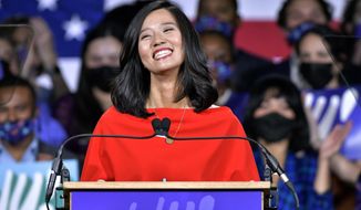 Boston Mayor-elect Michelle Wu addresses supporters at her election night party, Tuesday, Nov. 2, 2021, in Boston. Wu defeated fellow city councilor Annissa Essaibi George to become the first woman of color elected as mayor of Boston. (AP Photo/Josh Reynolds)