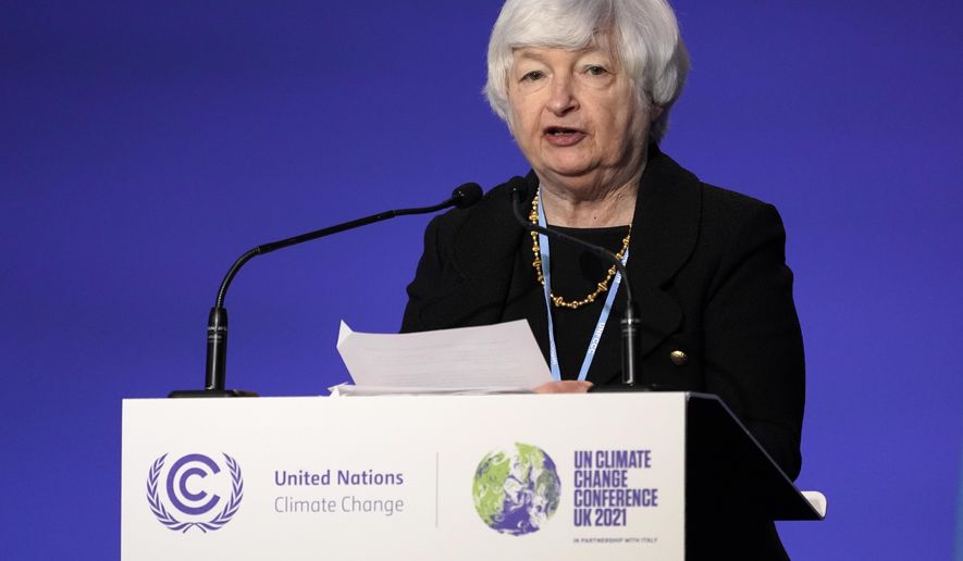 U.S. Treasure Secretary Janet Yellen makes a speech at the COP26 U.N. Climate Summit in Glasgow, Scotland, Wednesday, Nov. 3, 2021. (AP Photo/Alberto Pezzali)