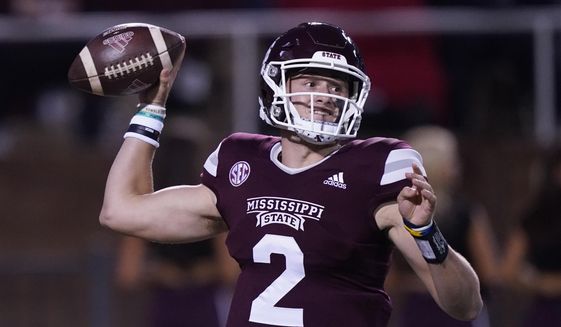 Mississippi State quarterback Will Rogers (2) passes against Kentucky during the first half of an NCAA college football game in Starkville, Miss., Saturday, Oct. 29, 2021. (AP Photo/Rogelio V. Solis) **FILE**