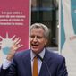 New York Mayor Bill de Blasio speaks at the opening of a Broadway COVID-19 vaccination site in Times Square, April 12, 2021, in New York. (AP Photo/Richard Drew, File)
