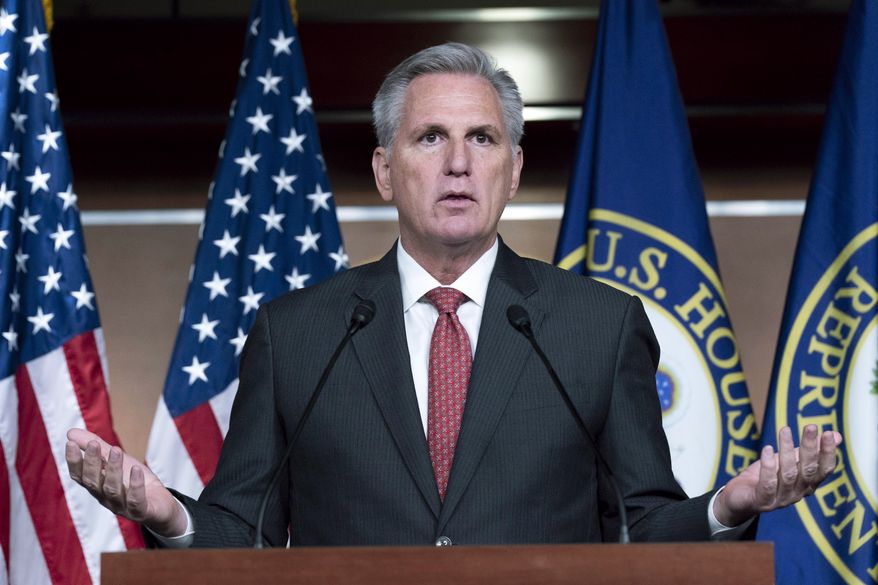 House Minority Leader Kevin McCarthy, R-Calif., speaks during a news conference at the Capitol in Washington, Friday, Nov. 5, 2021, as the House is considering President Joe Biden&#x27;s $1.85 trillion-and-growing domestic policy package. (AP Photo/Jose Luis Magana)