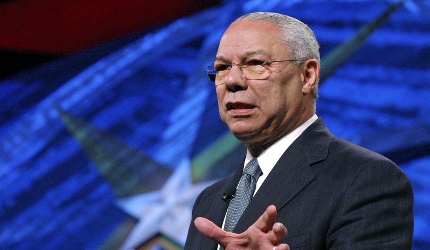 In this May 5, 2006, file photo, former Secretary of State Colin Powell gives the closing keynote at the World Congress of Information Technology in Austin, Texas. Powell, former Joint Chiefs chairman and secretary of state, died from COVID-19 complications on Oct. 18, 2021. In an announcement on social media, the family said Powell had been fully vaccinated. He was 84. (AP Photo/Jack Plunkett)