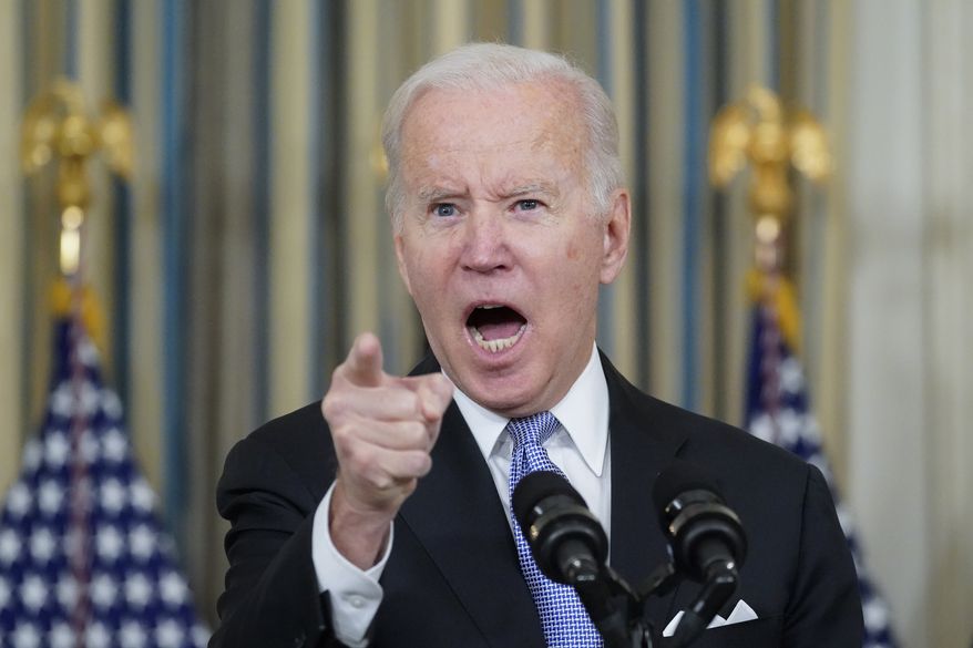 President Joe Biden responds to a question about the U.S. border as he speaks in the State Dining Room of the White House, Saturday, Nov. 6, 2021, in Washington. (AP Photo/Alex Brandon)