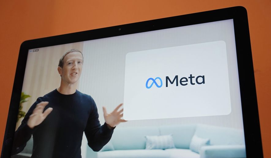 Seen on the screen of a device in Sausalito, Calif., Facebook CEO Mark Zuckerberg announces the company&#39;s new name, Meta, during a virtual event on Thursday, Oct. 28, 2021. Zuckerberg promises that the virtual-reality “metaverse” he’s planning to build will “let you do almost anything.” (AP Photo/Eric Risberg, File)