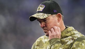 Minnesota Vikings head coach Mike Zimmer walks off the field after an NFL football game against the Baltimore Ravens, Sunday, Nov. 7, 2021, in Baltimore. (AP Photo/Julio Cortez) **FILE**