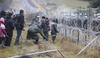 Migrants from the Middle East and elsewhere break down the fence as they gather at the Belarus-Poland border near Grodno, Belarus, Monday, Nov. 8, 2021. Poland increased security at its border with Belarus, on the European Union&#39;s eastern border, after a large group of migrants in Belarus appeared to be congregating at a crossing point, officials said Monday. The development appeared to signal an escalation of a crisis that has being going on for months in which the autocratic regime of Belarus has encouraged migrants from the Middle East and elsewhere to illegally enter the European Union, at first through Lithuania and Latvia and now primarily through Poland. (Leonid Shcheglov/BelTA via AP)