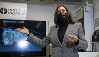 Vice President Kamala Harris talks to reporters after meeting with scientists conducting cancer research at the Institut Pasteur in Paris, France, Tuesday, Nov. 9, 2021. (Sarahbeth Maney/The New York Times via AP, Pool)