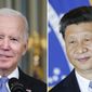 This combination image shows U.S. President Joe Biden in Washington, Nov. 6, 2021, and China&#39;s President Xi Jinping in Brasília, Brazil, Nov. 13, 2019. President Biden risks snubbing key Asian nations the U.S. has been trying to woo if he does not attend the mid-November Asia-Pacific Economic Cooperation group&#39;s summit in Bangkok, allowing China&#39;s President Xi Jinping to seize the spotlight as Beijing&#39;s regional influence swells, political analysts said. (AP Photo/Alex Brandon, Eraldo Peres)
