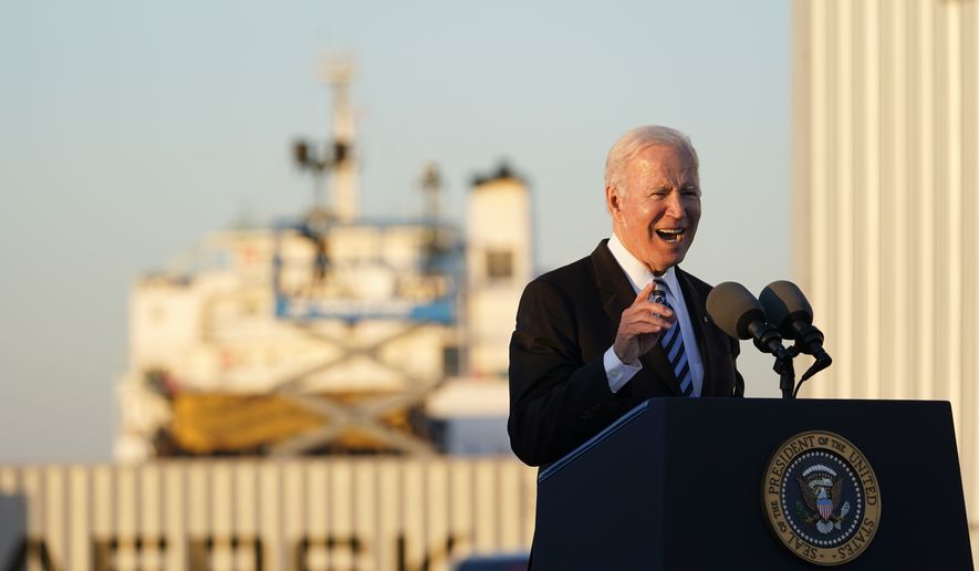 President Joe Biden speaks during a visit at the Port of Baltimore, Wednesday, Nov. 10, 2021. Biden&#39;s trip to the port is likely the start of a national tour to showcase the $1 trillion legislation that cleared Congress last week. Biden is pointing to Baltimore&#39;s port as a blueprint on how to reduce shipping bottlenecks that have held back the economic recovery. (AP Photo/Susan Walsh)