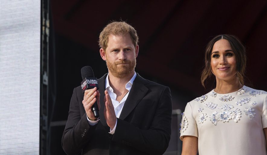Prince Harry and Meghan Markle speak during the Global Citizen festival on Sept. 25, 2021, in New York. Harry says he warned the chief executive of Twitter ahead of the Jan. 6 Capitol riots that the social media site was being used to stage political unrest in the U.S. capital. Harry made the comments Tuesday, Nov. 9 during a panel on misinformation in California. (AP Photo/Stefan Jeremiah) **FILE**