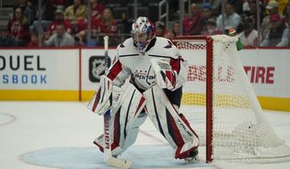 Washington Capitals goalie Zach Fucale plays against the Detroit Red Wings in the second period of an NHL hockey game Thursday, Nov. 11, 2021, in Detroit. (AP Photo/Paul Sancya)