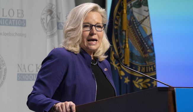 In this Nov. 9, 2021, file photo, Rep. Liz Cheney, Wyoming Republican, speaks during the Nackey S. Loeb School of Communications&#x27; 18th First Amendment Awards at the NH Institute of Politics at Saint Anselm College in Manchester, N.H. (AP Photo/Mary Schwalm)  **FILE**