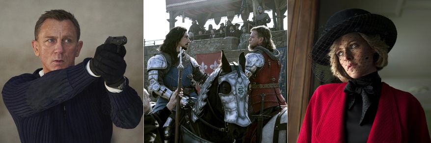 This combination of photos shows Daniel Craig in a scene from "No Time To Die," Adam Driver and Matt Damon in a scene from "The Last Duel," and Kristen Stewart in a scene from "Spencer." (MGM/ 20th Century Studios/Neon via AP)