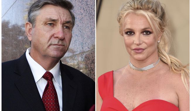 In this combination of photo, Jamie Spears, father of singer Britney Spears, leaves the Stanley Mosk Courthouse on Oct. 24, 2012, in Los Angeles, left, and Britney Spears arrives at the premiere of &amp;quot;Once Upon a Time in Hollywood&amp;quot; on July 22, 2019, in Los Angeles. A judge this week could end the conservatorship that has controlled Britney Spears&#x27; life and money for nearly 14 years. (AP Photo/File