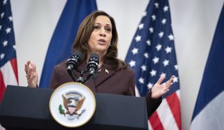 Vice President Kamala Harris briefs French and American reporters at the Intercontinental Paris Le Grand Hotel in Paris, Friday, Nov. 12, 2021.  (Sarahbeth Maney/The New York Times via AP, Pool)
