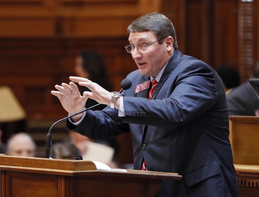 FILE - Rep. Dominic LaRiccia, R - Douglas, opposed SB 17, the "brunch bill"at the House at the Capitol Monday, March 12, 2018, in Atlanta. LaRiccia is one of eight state House incumbents drawn into districts with other members under a redistricting plan sent to Gov. Brian Kemp for his signature or veto on Friday, Nov. 12, 2021. (Bob Andres/Atlanta Journal-Constitution via AP, File)