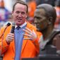 Peyton Manning speaks after being inducted into the Denver Broncos Ring of Honor prior to an NFL football game against the Washington Football Team, Sunday, Oct. 31, 2021, in Denver. (AP Photo/Jack Dempsey)