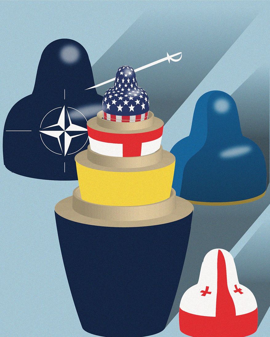 Illustration on expanding membership in NATO by Linas Garsys/The Washington Times