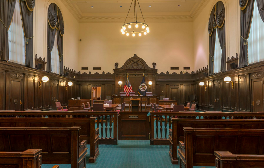 The courtroom in the John Minor Wisdom U.S. Court of Appeals Building, New Orleans, La., is shown in this 2014 photo. Photo credit: Carol M. Highsmith. Library of Congress Prints and Photographs Division. [https://www.loc.gov/item/2014649901/]