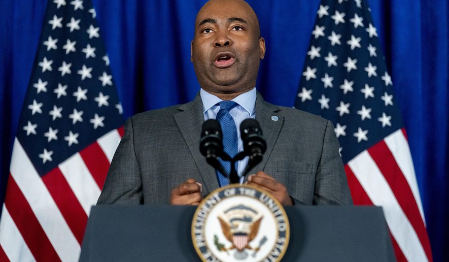 Democratic National Committee Chairman Jaime Harrison speaks before Vice President Kamala Harris arrives to speak about voting rights at Howard University in Washington, July 8, 2021. Democratic National Committee members have begun to grumble about Harrison’s limited engagement with the rank-and-file, while others believe the White House isn&#39;t giving him the freedom he needs to do the job well. Some allies worry aloud that Biden&#39;s team hasn&#39;t let Harrison select the members he wants, hire his preferred staff, or drive the party&#39;s messaging. (AP Photo/Andrew Harnik, File)