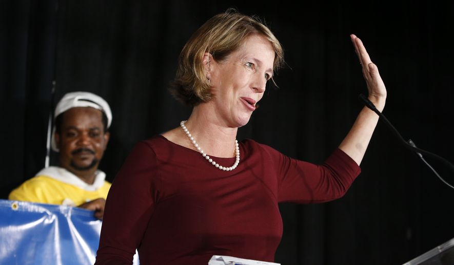 State attorney general candidate Zephyr Teachout delivers her concession speech at the Working Families Party primary night party, Thursday, Sept. 13, 2018, in New York. Teachout has announced she is once again seeking the Democratic nomination for attorney general of New York, Monday, Nov. 15, 2021. (AP Photo/Jason DeCrow, File)