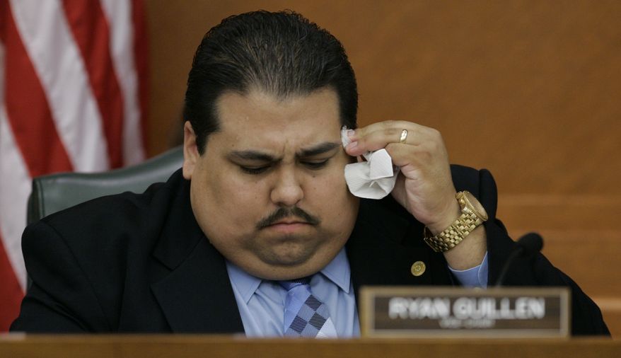 Rep. Ryan Guillen, D-Rio Grande City, wipes perspiration during a meeting of the House-Senate negotiating committee that later approved the two-year $153 billion state spending plan Friday, May 25, 2007, in Austin, Texas. The measure now goes to the House and Senate before being sent to the governor for a approval. Rep. Guillen is a member of the committee. (AP Photo/Harry Cabluck)