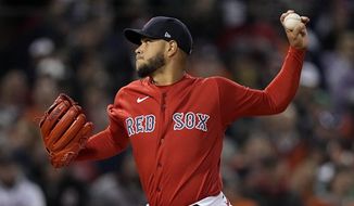 Boston Red Sox starting pitcher Eduardo Rodriguez throws against the Houston Astros during the first inning in Game 3 of baseball&#39;s American League Championship Series Monday, Oct. 18, 2021, in Boston. (AP Photo/David J. Phillip) ** FILE **