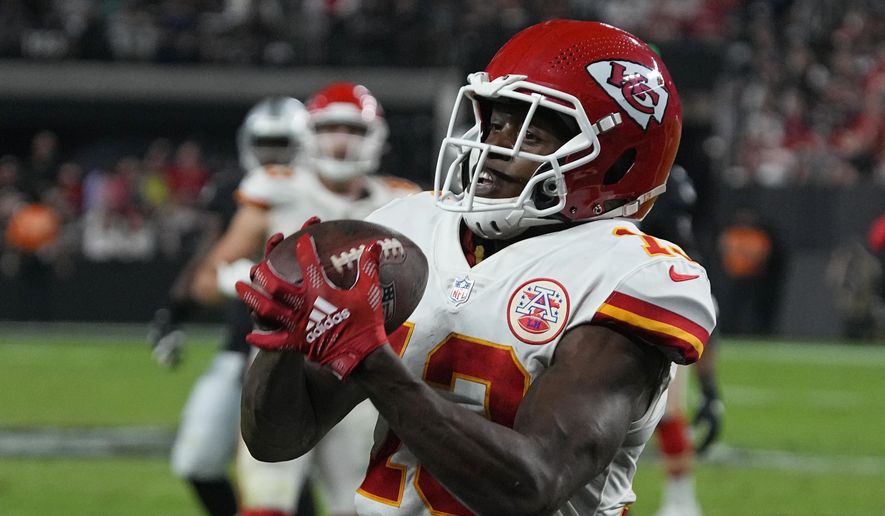 Kansas City Chiefs wide receiver Byron Pringle (13) catches a touchdown pass against the Las Vegas Raiders during the second half of an NFL football game, Sunday, Nov. 14, 2021, in Las Vegas. (AP Photo/Rick Scuteri) **FILE**