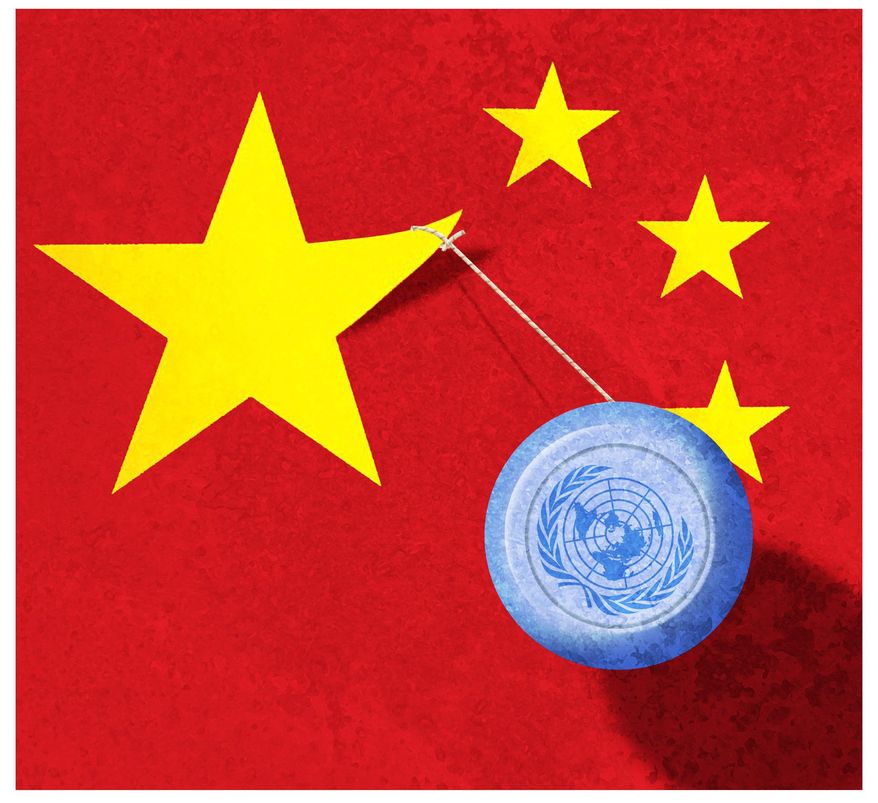 Illustration on China&#39;s control of the United Nations by Alexander Hunter/The Washington Times