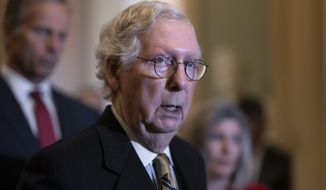 Senate Minority Leader Mitch McConnell, R-Ky., speaks to reporters following a GOP strategy meeting, at the Capitol in Washington, Tuesday, Nov. 16, 2021. (AP Photo/J. Scott Applewhite)