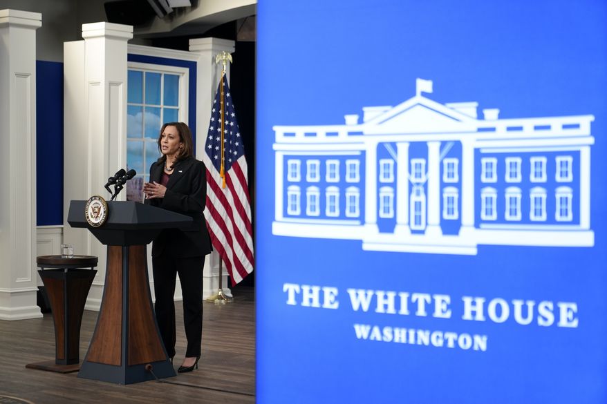 Vice President Kamala Harris speaks at the Tribal Nations Summit in the South Court Auditorium on the White House campus, Tuesday, Nov. 16, 2021, in Washington. (AP Photo/Patrick Semansky)