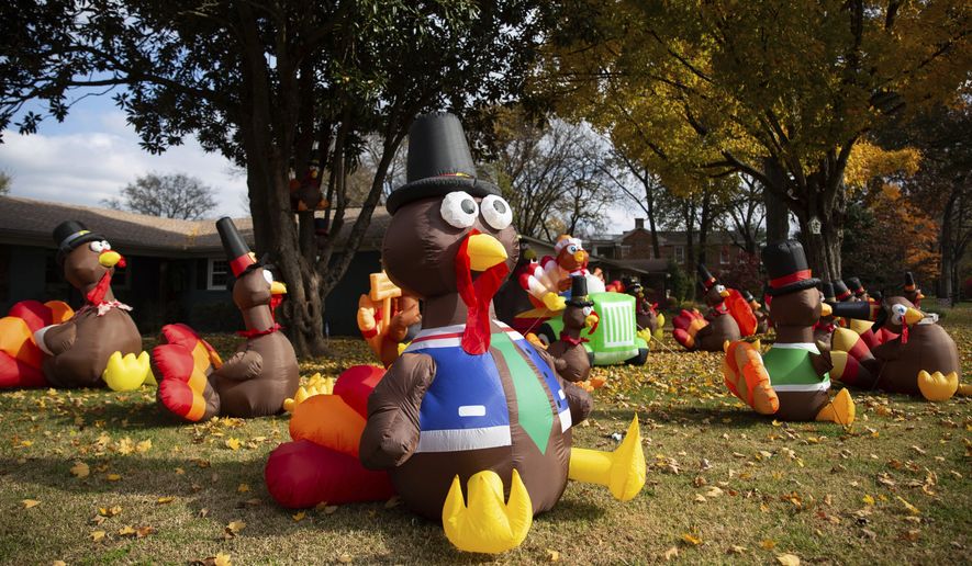In this file photo, around 34 inflatable turkeys stand in the yard of &quot;flock masters&quot; Teresa and Greg Hardcastle&#39;s home on Willow Way in Bowling Green, Ky., Tuesday, Nov. 16, 2021.  (Grace Ramey/Daily News via AP)  **FILE**