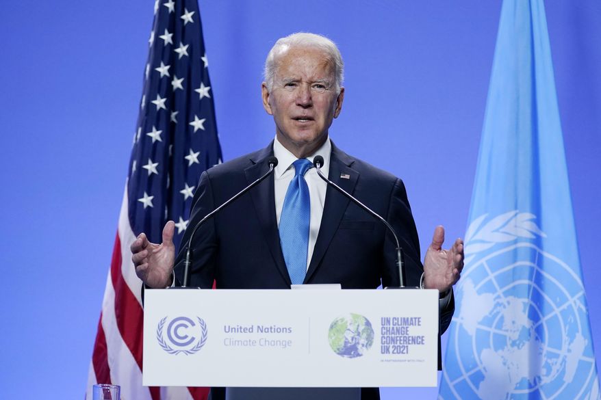 President Joe Biden speaks during a news conference at the COP26 U.N. Climate Summit, Tuesday, Nov. 2, 2021, in Glasgow, Scotland. (AP Photo/Evan Vucci, File)