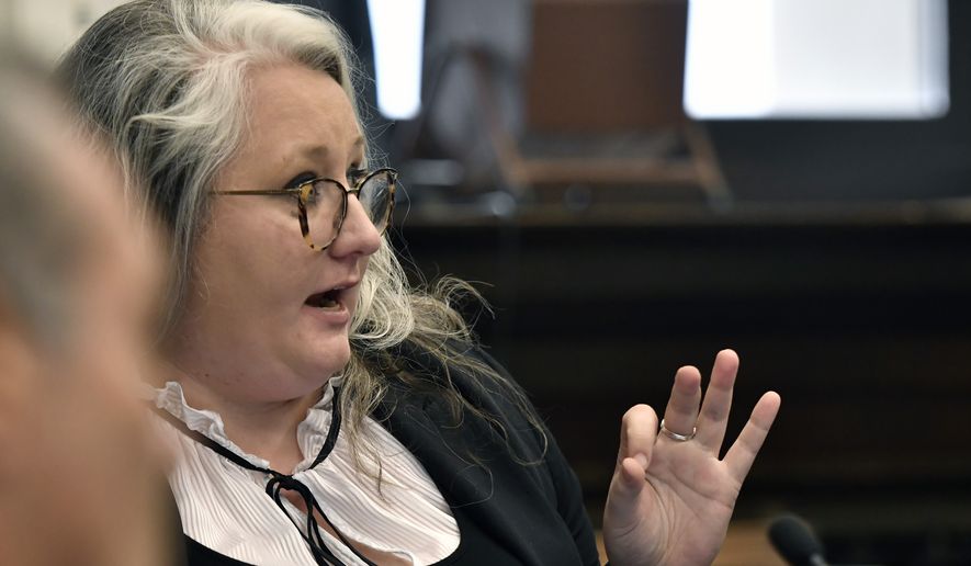 Natalie Wisco, an attorney for Kyle Rittenhouse, speaks about the quality of an evidence video the defense received from the prosecution for Kyle Rittenhouse&#39;s trial at the Kenosha County Courthouse in Kenosha, Wis., on Wednesday, Nov. 17, 2021.  (Sean Krajacic/The Kenosha News via AP, Pool)