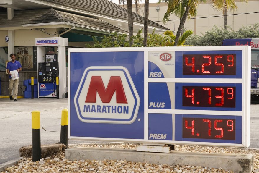 Gasoline prices are displayed at a Marathon station, Wednesday, Nov. 17, 2021, in Miami Beach, Fla. (AP Photo/Marta Lavandier)