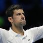 Serbia&#39;s Novak Djokovic celebrates after defeating Russia&#39;s Andrey Rublev during their ATP World Tour Finals singles tennis match, at the Pala Alpitour in Turin, Wednesday, Nov. 17, 2021. (AP Photo/Luca Bruno) **FILE**