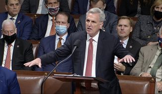 In this image from House Television, House Minority Leader Kevin McCarthy of Calif., speaks on the House floor during debate on the Democrats&#39; expansive social and environment bill at the U.S. Capitol on Thursday, Nov. 18, 2021, in Washington. (House Television via AP)