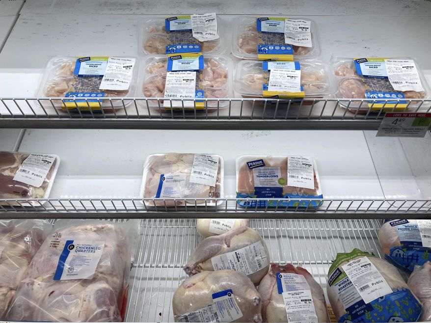 A near empty case of different chicken cuts is displayed at a Publix Supermarket, Wednesday, Oct. 20, 2021, in Miami. A wide range of companies could feel a tighter squeeze on their profits from rising food prices if inflation keeps running hot. Grocery stores, restaurants and food producers have been able to pass along much of the impact from inflation to consumers, who have so far eaten most of the increase. (AP Photo/Marta Lavandier, File)