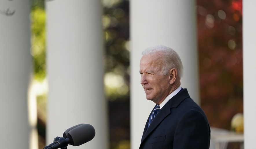 President Joe Biden speaks during a ceremony to pardon the national Thanksgiving turkey in the Rose Garden of the White House in Washington, Friday, Nov. 19, 2021. (AP Photo/Susan Walsh)