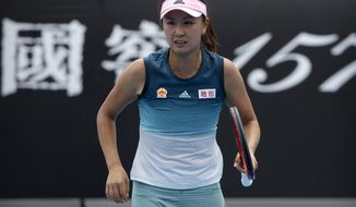 China&#39;s Peng Shuai reacts while competing against Canada&#39;s Eugenie Bouchard in their first round match at the Australian Open tennis championships in Melbourne, Australia, Tuesday, Jan. 15, 2019. The disappearance of tennis star Peng Shuai in China following her accusations of sexual assault against a former top Communist Party official has shined a spotlight on similar cases involving political dissidents, entertainment figures, business leaders and others who have run afoul of the authorities. (AP Photo/Mark Schiefelbein)