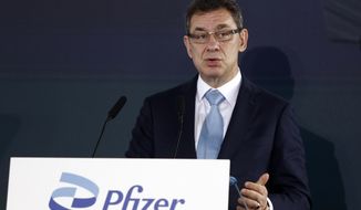 Pfizer CEO Albert Bourla speaks during a ceremony in Thessaloniki, Greece, on Oct. 12, 2021. (AP Photo/Giannis Papanikos) **FILE**