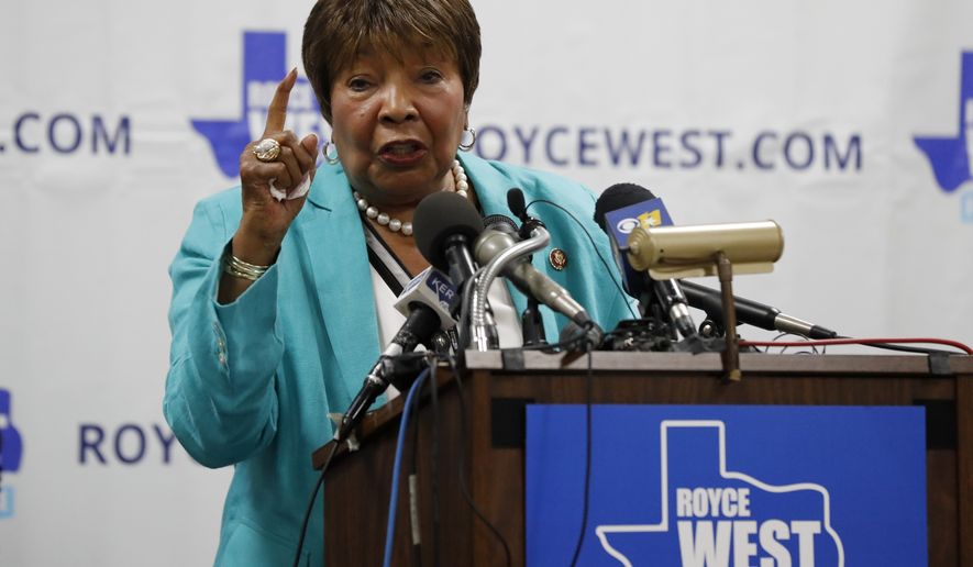FILE - Rep. Eddie Bernice Johnson, D-Texas, makes comments as she introduces State Senator Royce West at a rally where West announced his bid to run for the US Senate in Dallas, Monday, July 22, 2019.   Johnson says she wont seek re-election in 2022 after 30 years in Congress. The 85-year-old trailblazing Black Democrat made her announcement Saturday, Nov. 20, 2021 in Dallas.   (AP Photo/Tony Gutierrez, File)