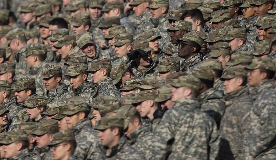 Cadets attend the NCAA college football game between the Army Black Knights and Massachusetts at Michie Stadium, Saturday, Nov. 20, 2021 in West Point, N.Y. (AP Photo/Eduardo Munoz Alvarez)