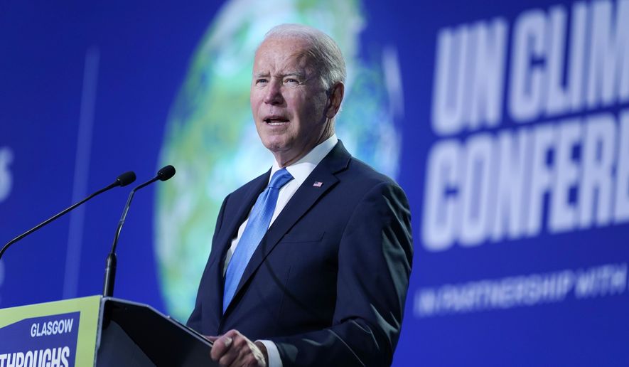 FILE - President Joe Biden speaks during the &amp;quot;Accelerating Clean Technology Innovation and Deployment&amp;quot; event at the COP26 U.N. Climate Summit, Nov. 2, 2021, in Glasgow, Scotland. After talking the climate talk at U.N. negotiations in Scotland, the Biden administration now tests whether a divided United States can push a massive investment for a new era of clean energy through the narrowest of margins in the Senate. (AP Photo/Evan Vucci, Pool, File)