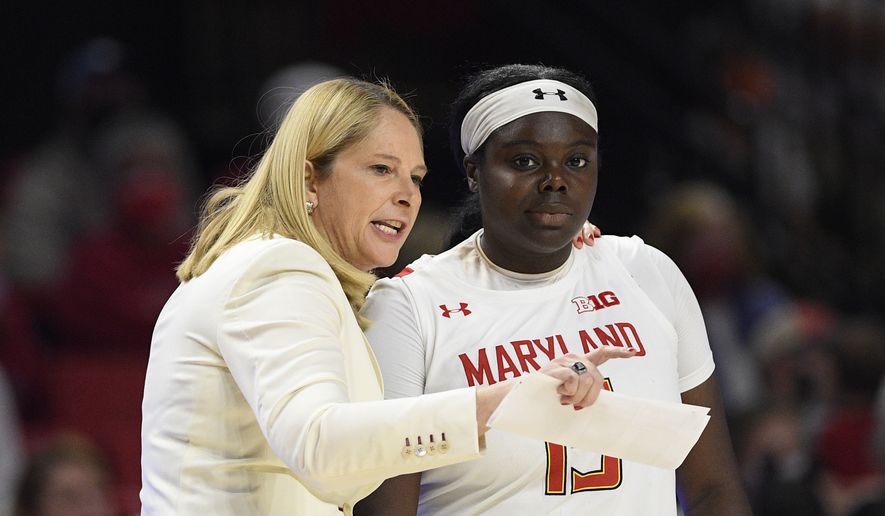 Maryland head coach Brenda Frese talks with guard Ashley Owusu (15) during the second half of an NCAA college basketball game against Baylor, Sunday, Nov. 21, 2021, in College Park, Md.Maryland won 79-76. (AP Photo/Nick Wass) **FILE**